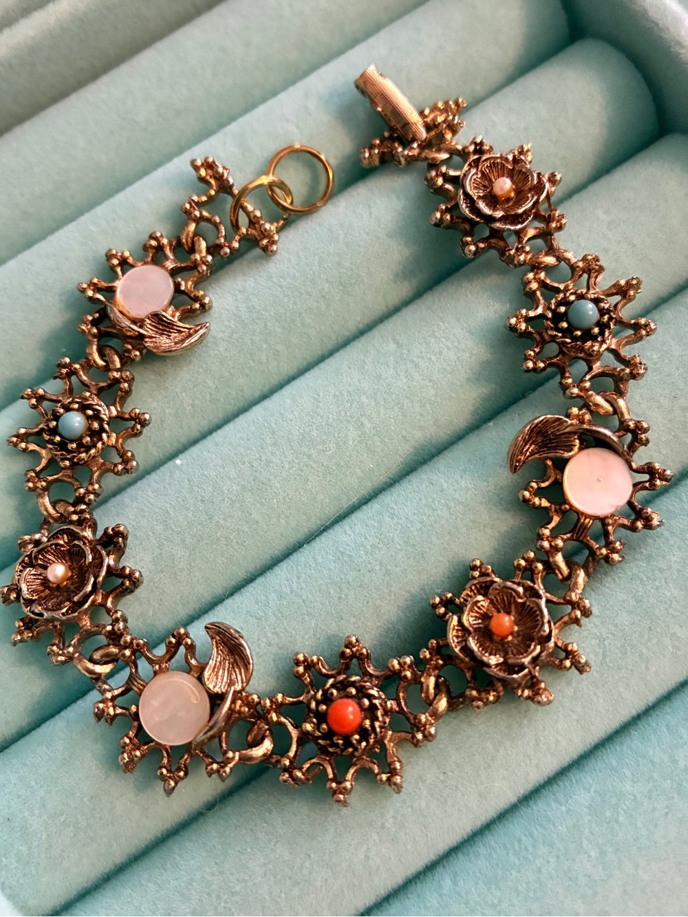 Vintage Gold Ornate Filigree Link Bracelet Mother of Pearl and Stones